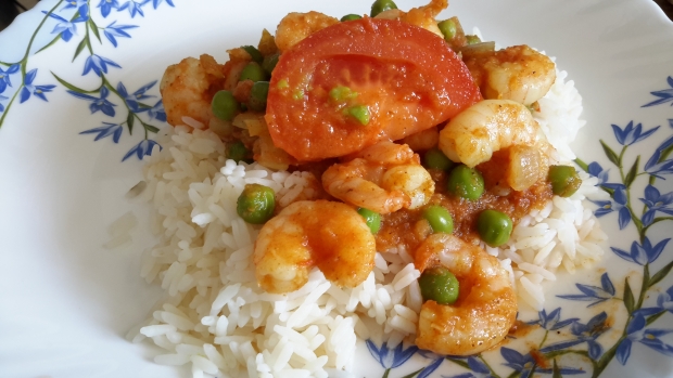 image de la recette Crevettes au curry et aux petits pois